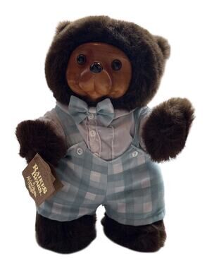 Vntg Russ Berrie Bears From The Past Brown Bear Plastic Face Blue Overalls Tag
